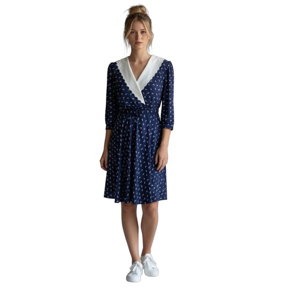 Vintage 80s Carriage Court Blue Pattern Print Dress White Lace Collar size 10 - Picture 1 of 10